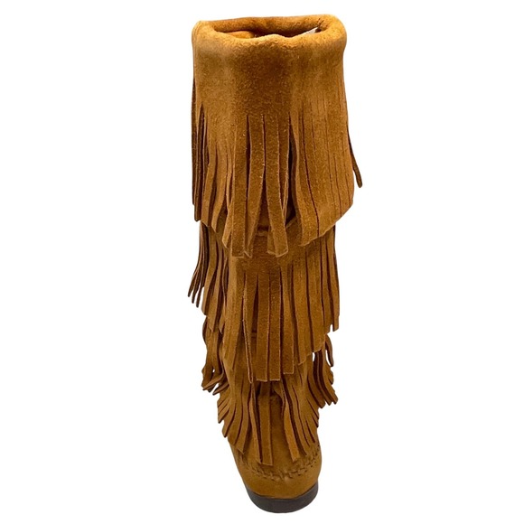 NWT Minnetonka 3-Layer Fringe Boot 1632 Tan Suede Mid-Calf Moccasin Boots 10 - Picture 4 of 7